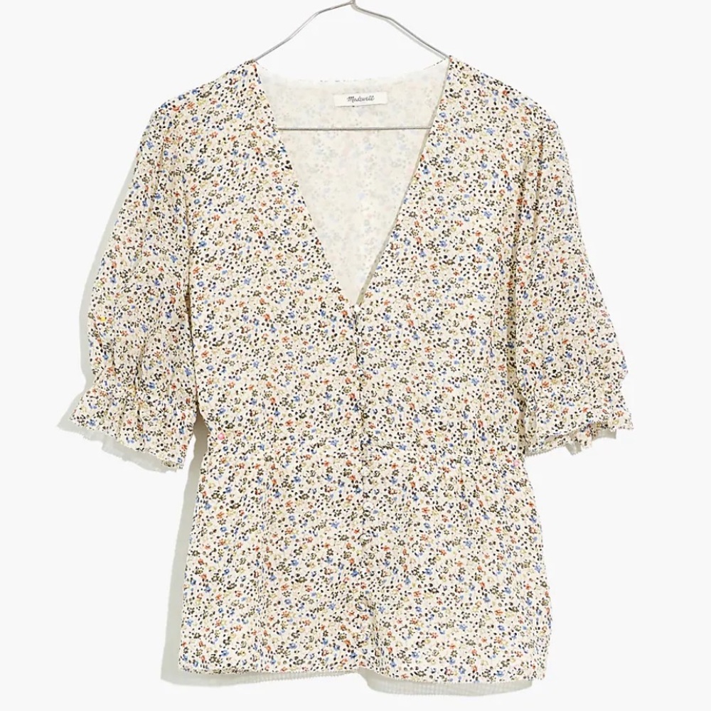 MADEWELL • Silk V-Neck Peplum Popover Top in Fieldwalk Floral